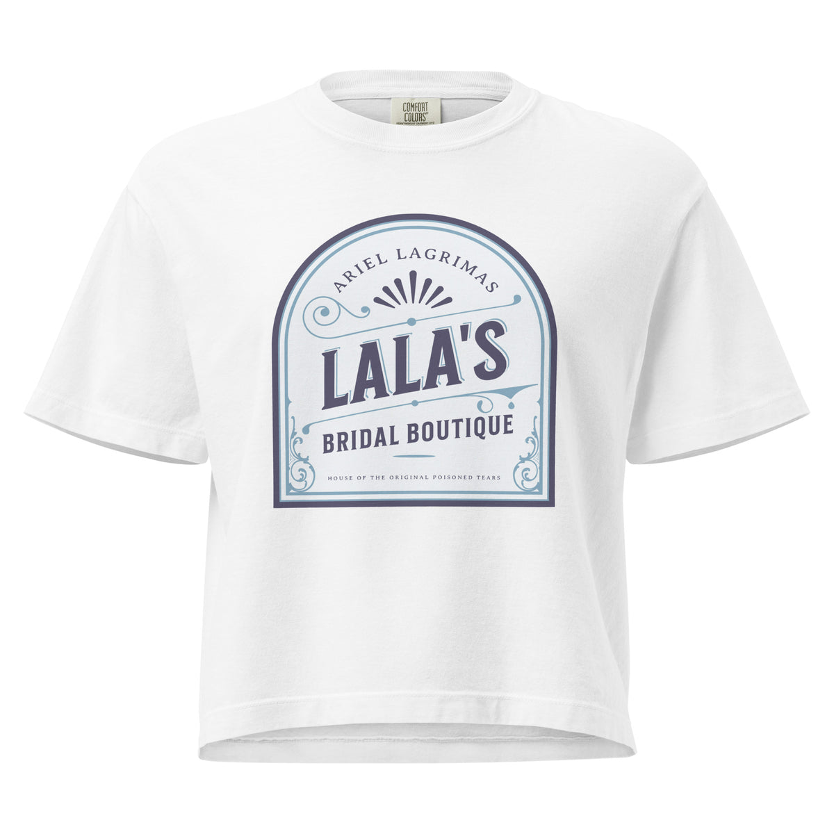 Lala's Bridal Boutique Boxy Tee - The Bean Workshop - Arched Crest Badge, Blue and Cream Color Palette, Boxy Tee, Everyday Bookish Style, Lalas Bridal Boutique Boxy Tee for Book Lovers, Once Upon a Broken Heart, Relaxed Layering Piece, Stephanie Garber, Storybook Boutique, The Unwed Bride Fan Gift, Vintage Bridal, Vintage Flourish Typography