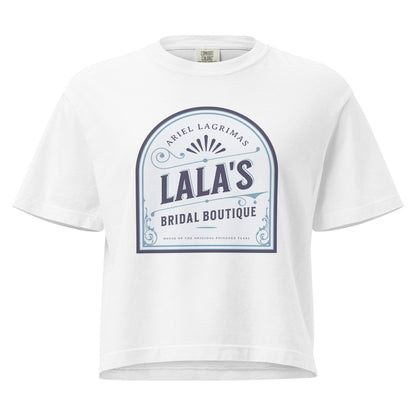 Lala's Bridal Boutique Boxy Tee - The Bean Workshop - Arched Crest Badge, Blue and Cream Color Palette, Boxy Tee, Everyday Bookish Style, Lalas Bridal Boutique Boxy Tee for Book Lovers, Once Upon a Broken Heart, Relaxed Layering Piece, Stephanie Garber, Storybook Boutique, The Unwed Bride Fan Gift, Vintage Bridal, Vintage Flourish Typography