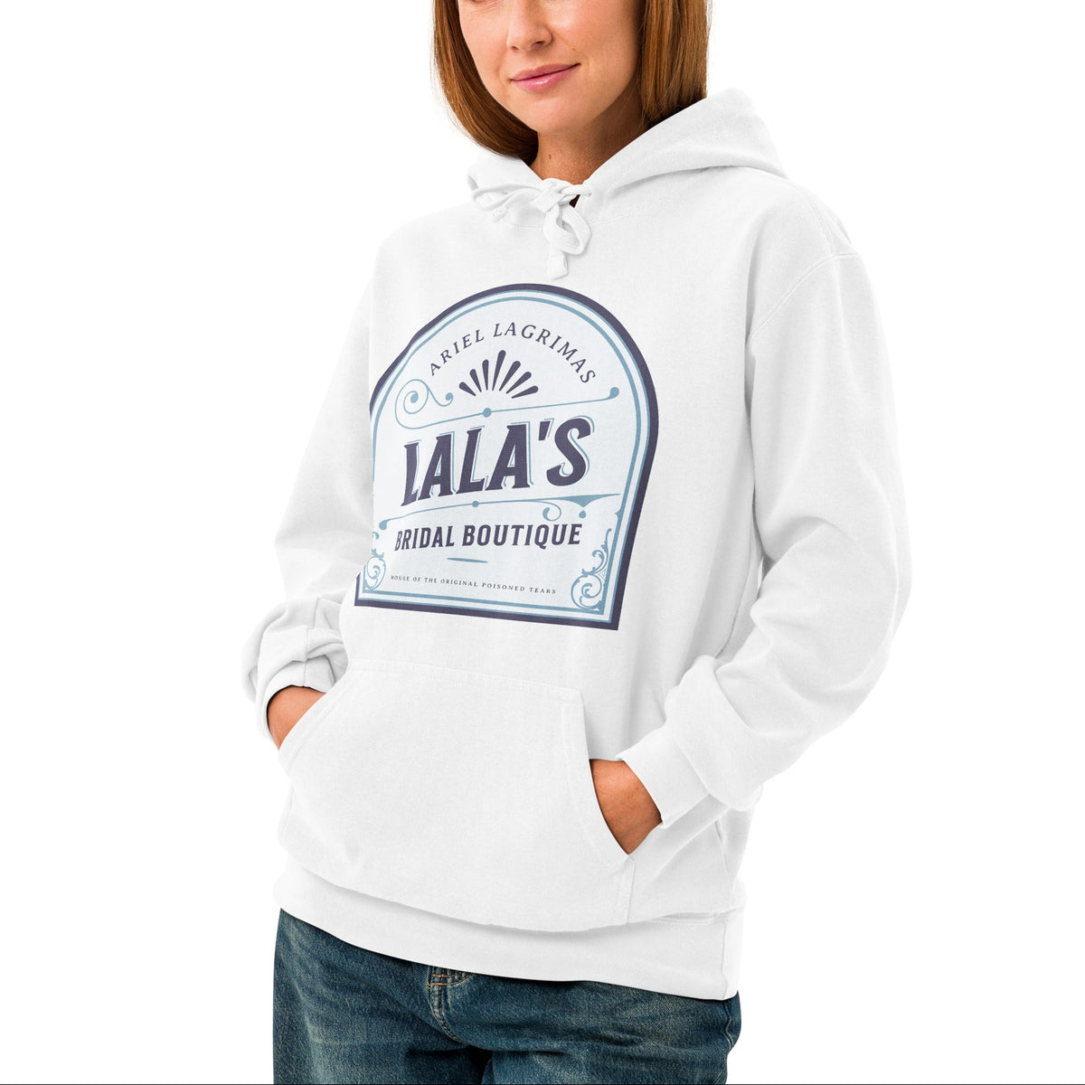 Lala's Bridal Boutique Heavyweight Hoodie - The Bean Workshop - Arched Crest Badge, Blue and Cream Color Palette, Cozy Reading Wear, Everyday Bookish Style, Hoodie, Lalas Bridal Boutique Hoodie for Book Lovers, Once Upon a Broken Heart, Stephanie Garber, Storybook Boutique, The Unwed Bride Fan Gift, Vintage Bridal, Vintage Flourish Typography