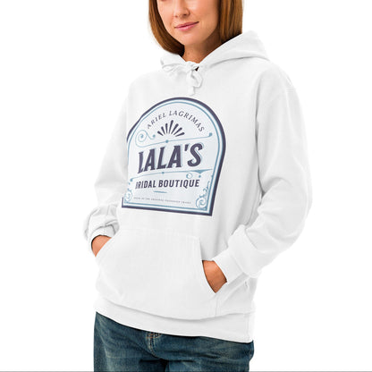 Lala's Bridal Boutique Heavyweight Hoodie - The Bean Workshop - Arched Crest Badge, Blue and Cream Color Palette, Cozy Reading Wear, Everyday Bookish Style, Hoodie, Lalas Bridal Boutique Hoodie for Book Lovers, Once Upon a Broken Heart, Stephanie Garber, Storybook Boutique, The Unwed Bride Fan Gift, Vintage Bridal, Vintage Flourish Typography