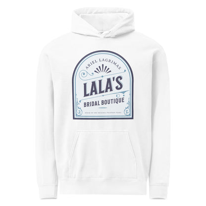 Lala's Bridal Boutique Heavyweight Hoodie - The Bean Workshop - Arched Crest Badge, Blue and Cream Color Palette, Cozy Reading Wear, Everyday Bookish Style, Hoodie, Lalas Bridal Boutique Hoodie for Book Lovers, Once Upon a Broken Heart, Stephanie Garber, Storybook Boutique, The Unwed Bride Fan Gift, Vintage Bridal, Vintage Flourish Typography