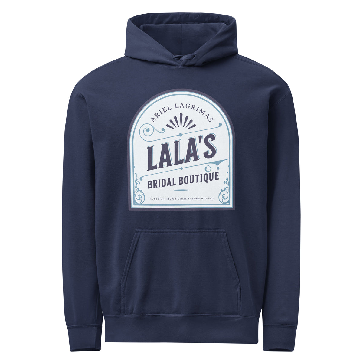Lala's Bridal Boutique Heavyweight Hoodie - The Bean Workshop - Arched Crest Badge, Blue and Cream Color Palette, Cozy Reading Wear, Everyday Bookish Style, Hoodie, Lalas Bridal Boutique Hoodie for Book Lovers, Once Upon a Broken Heart, Stephanie Garber, Storybook Boutique, The Unwed Bride Fan Gift, Vintage Bridal, Vintage Flourish Typography