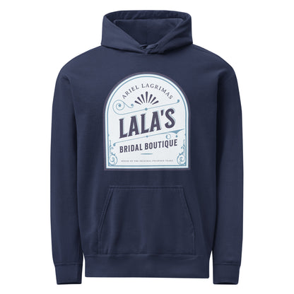 Lala's Bridal Boutique Heavyweight Hoodie - The Bean Workshop - Arched Crest Badge, Blue and Cream Color Palette, Cozy Reading Wear, Everyday Bookish Style, Hoodie, Lalas Bridal Boutique Hoodie for Book Lovers, Once Upon a Broken Heart, Stephanie Garber, Storybook Boutique, The Unwed Bride Fan Gift, Vintage Bridal, Vintage Flourish Typography