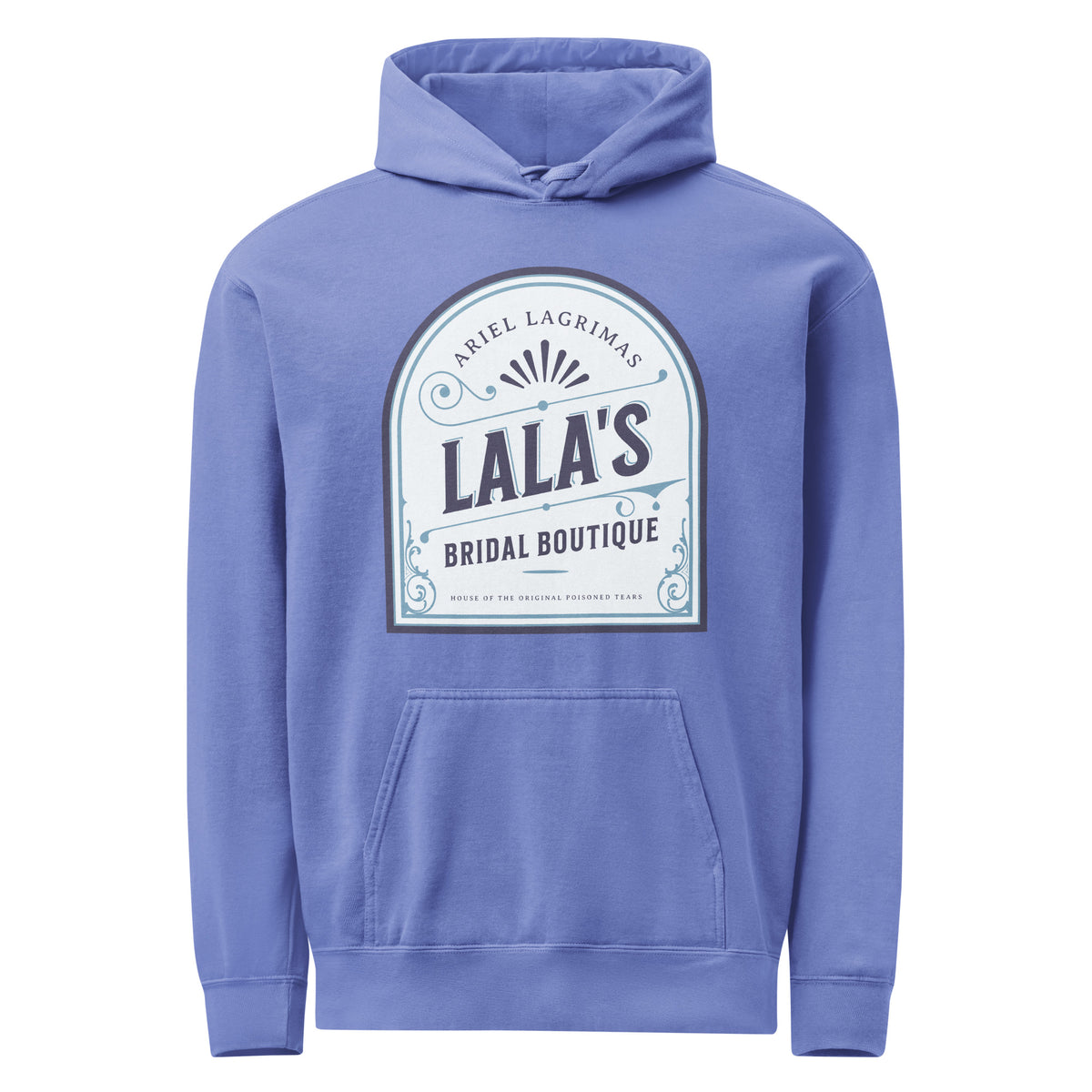 Lala's Bridal Boutique Heavyweight Hoodie - The Bean Workshop - Arched Crest Badge, Blue and Cream Color Palette, Cozy Reading Wear, Everyday Bookish Style, Hoodie, Lalas Bridal Boutique Hoodie for Book Lovers, Once Upon a Broken Heart, Stephanie Garber, Storybook Boutique, The Unwed Bride Fan Gift, Vintage Bridal, Vintage Flourish Typography