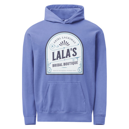 Lala's Bridal Boutique Heavyweight Hoodie - The Bean Workshop - Arched Crest Badge, Blue and Cream Color Palette, Cozy Reading Wear, Everyday Bookish Style, Hoodie, Lalas Bridal Boutique Hoodie for Book Lovers, Once Upon a Broken Heart, Stephanie Garber, Storybook Boutique, The Unwed Bride Fan Gift, Vintage Bridal, Vintage Flourish Typography