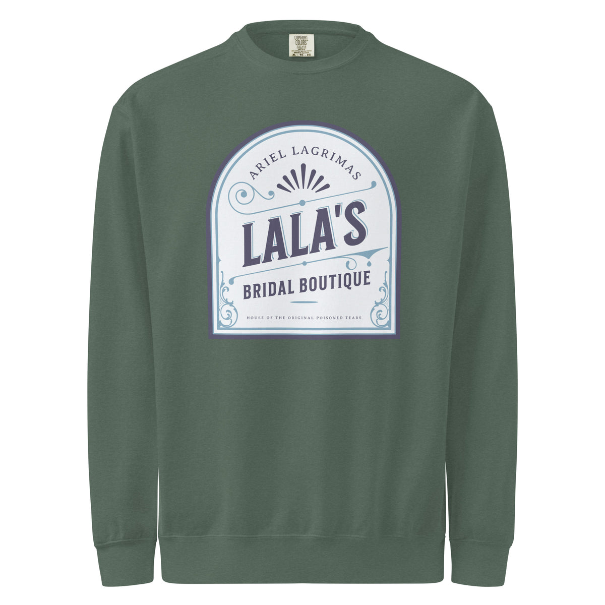 Lala's Bridal Boutique Heavyweight Sweatshirt - The Bean Workshop - Arched Crest Badge, Blue and Cream Color Palette, Cozy Loungewear, Heavyweight Sweatshirt, Lalas Bridal Boutique Heavyweight Sweatshirt for Book Lovers, Once Upon a Broken Heart, Stephanie Garber, Storybook Boutique, The Unwed Bride Fan Gift, Travel Day Comfort, Vintage Bridal, Vintage Flourish Typography