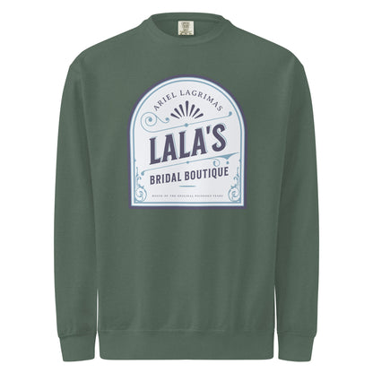 Lala's Bridal Boutique Heavyweight Sweatshirt - The Bean Workshop - Arched Crest Badge, Blue and Cream Color Palette, Cozy Loungewear, Heavyweight Sweatshirt, Lalas Bridal Boutique Heavyweight Sweatshirt for Book Lovers, Once Upon a Broken Heart, Stephanie Garber, Storybook Boutique, The Unwed Bride Fan Gift, Travel Day Comfort, Vintage Bridal, Vintage Flourish Typography