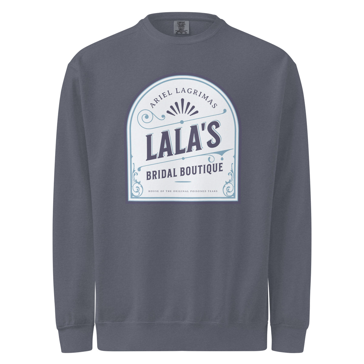 Lala's Bridal Boutique Heavyweight Sweatshirt - The Bean Workshop - Arched Crest Badge, Blue and Cream Color Palette, Cozy Loungewear, Heavyweight Sweatshirt, Lalas Bridal Boutique Heavyweight Sweatshirt for Book Lovers, Once Upon a Broken Heart, Stephanie Garber, Storybook Boutique, The Unwed Bride Fan Gift, Travel Day Comfort, Vintage Bridal, Vintage Flourish Typography