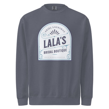 Lala's Bridal Boutique Heavyweight Sweatshirt - The Bean Workshop - Arched Crest Badge, Blue and Cream Color Palette, Cozy Loungewear, Heavyweight Sweatshirt, Lalas Bridal Boutique Heavyweight Sweatshirt for Book Lovers, Once Upon a Broken Heart, Stephanie Garber, Storybook Boutique, The Unwed Bride Fan Gift, Travel Day Comfort, Vintage Bridal, Vintage Flourish Typography