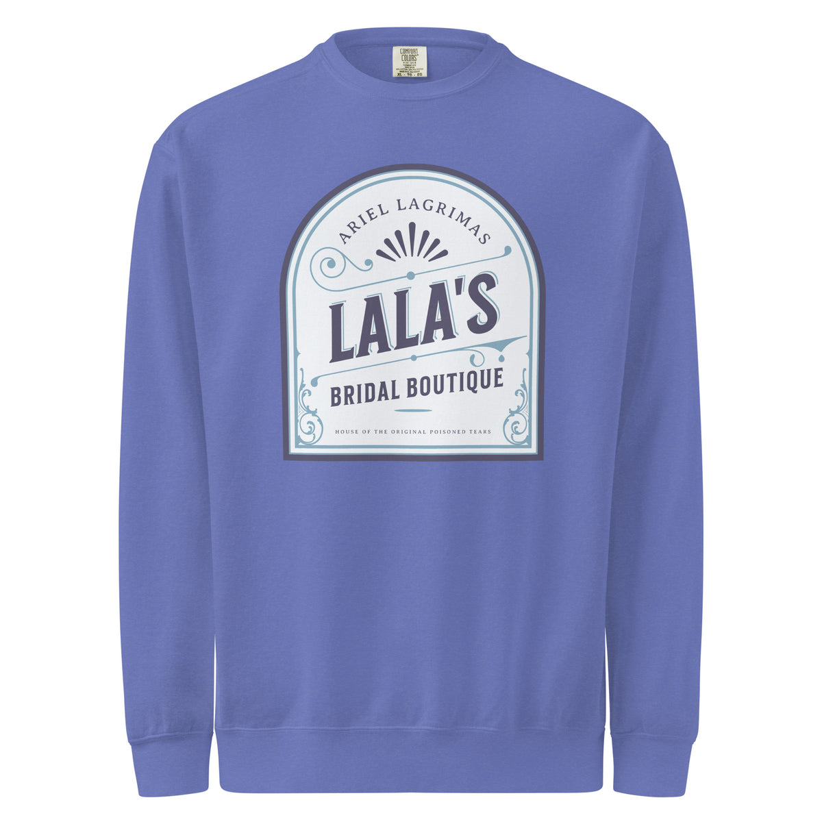 Lala's Bridal Boutique Heavyweight Sweatshirt - The Bean Workshop - Arched Crest Badge, Blue and Cream Color Palette, Cozy Loungewear, Heavyweight Sweatshirt, Lalas Bridal Boutique Heavyweight Sweatshirt for Book Lovers, Once Upon a Broken Heart, Stephanie Garber, Storybook Boutique, The Unwed Bride Fan Gift, Travel Day Comfort, Vintage Bridal, Vintage Flourish Typography