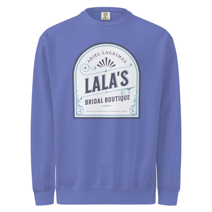 Lala's Bridal Boutique Heavyweight Sweatshirt - The Bean Workshop - Arched Crest Badge, Blue and Cream Color Palette, Cozy Loungewear, Heavyweight Sweatshirt, Lalas Bridal Boutique Heavyweight Sweatshirt for Book Lovers, Once Upon a Broken Heart, Stephanie Garber, Storybook Boutique, The Unwed Bride Fan Gift, Travel Day Comfort, Vintage Bridal, Vintage Flourish Typography