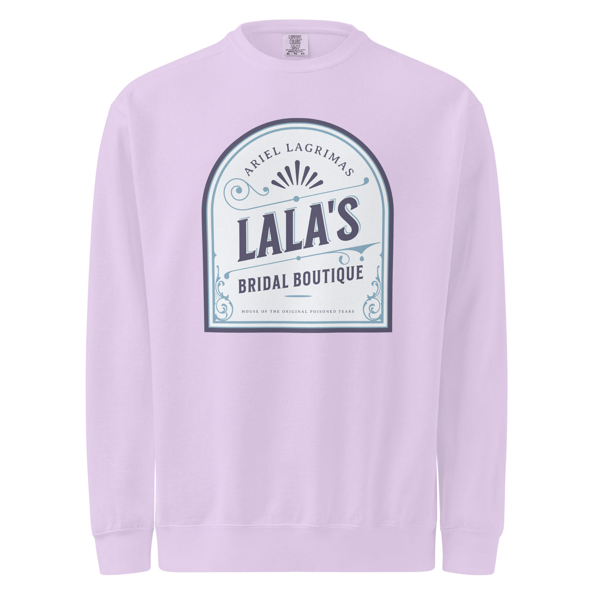 Lala's Bridal Boutique Heavyweight Sweatshirt - The Bean Workshop - Arched Crest Badge, Blue and Cream Color Palette, Cozy Loungewear, Heavyweight Sweatshirt, Lalas Bridal Boutique Heavyweight Sweatshirt for Book Lovers, Once Upon a Broken Heart, Stephanie Garber, Storybook Boutique, The Unwed Bride Fan Gift, Travel Day Comfort, Vintage Bridal, Vintage Flourish Typography