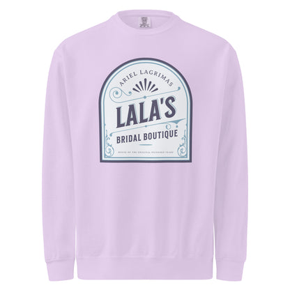 Lala's Bridal Boutique Heavyweight Sweatshirt - The Bean Workshop - Arched Crest Badge, Blue and Cream Color Palette, Cozy Loungewear, Heavyweight Sweatshirt, Lalas Bridal Boutique Heavyweight Sweatshirt for Book Lovers, Once Upon a Broken Heart, Stephanie Garber, Storybook Boutique, The Unwed Bride Fan Gift, Travel Day Comfort, Vintage Bridal, Vintage Flourish Typography
