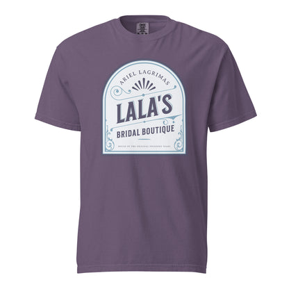 Lala's Bridal Boutique T-Shirt - The Bean Workshop - Arched Crest Badge, Blue and Cream Color Palette, Book Club Outfit, Everyday Bookish Style, Lalas Bridal Boutique T-Shirt for Book Lovers, Once Upon a Broken Heart, Stephanie Garber, Storybook Boutique, T-Shirt, The Unwed Bride Fan Gift, Vintage Bridal, Vintage Flourish Typography