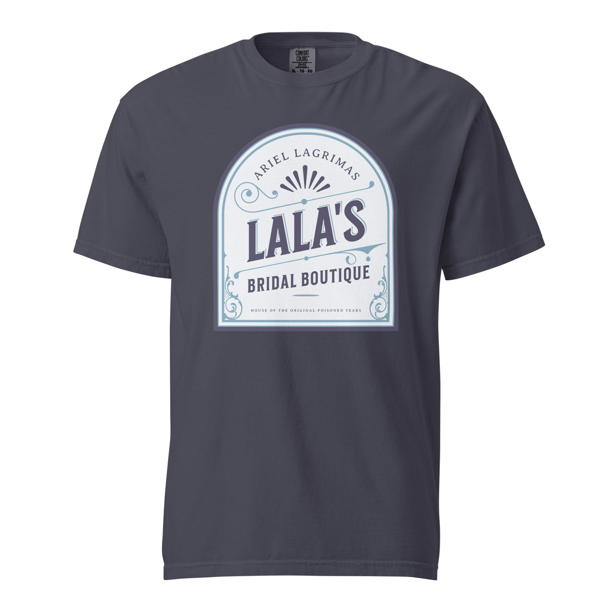 Lala's Bridal Boutique T-Shirt - The Bean Workshop - Arched Crest Badge, Blue and Cream Color Palette, Book Club Outfit, Everyday Bookish Style, Lalas Bridal Boutique T-Shirt for Book Lovers, Once Upon a Broken Heart, Stephanie Garber, Storybook Boutique, T-Shirt, The Unwed Bride Fan Gift, Vintage Bridal, Vintage Flourish Typography