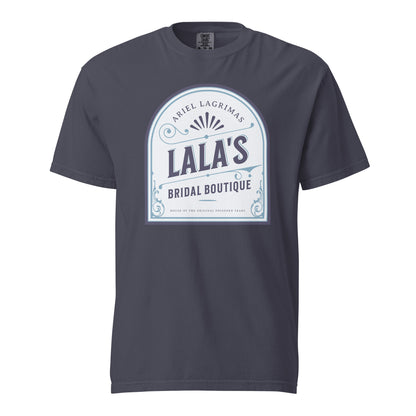 Lala's Bridal Boutique T-Shirt - The Bean Workshop - Arched Crest Badge, Blue and Cream Color Palette, Book Club Outfit, Everyday Bookish Style, Lalas Bridal Boutique T-Shirt for Book Lovers, Once Upon a Broken Heart, Stephanie Garber, Storybook Boutique, T-Shirt, The Unwed Bride Fan Gift, Vintage Bridal, Vintage Flourish Typography