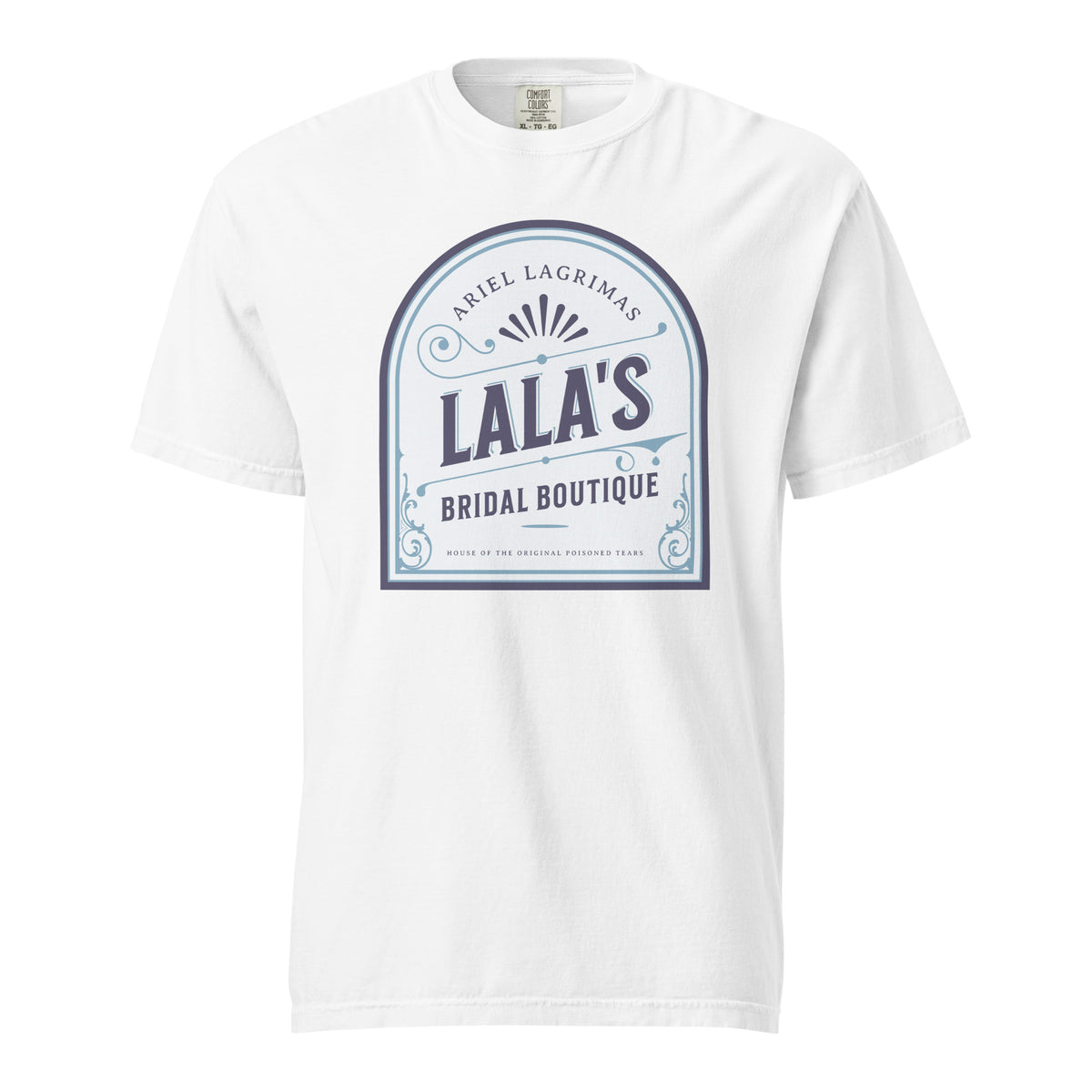 Lala's Bridal Boutique T-Shirt - The Bean Workshop - Arched Crest Badge, Blue and Cream Color Palette, Book Club Outfit, Everyday Bookish Style, Lalas Bridal Boutique T-Shirt for Book Lovers, Once Upon a Broken Heart, Stephanie Garber, Storybook Boutique, T-Shirt, The Unwed Bride Fan Gift, Vintage Bridal, Vintage Flourish Typography