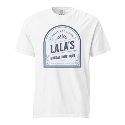 Lala's Bridal Boutique T-Shirt - The Bean Workshop - Arched Crest Badge, Blue and Cream Color Palette, Book Club Outfit, Everyday Bookish Style, Lalas Bridal Boutique T-Shirt for Book Lovers, Once Upon a Broken Heart, Stephanie Garber, Storybook Boutique, T-Shirt, The Unwed Bride Fan Gift, Vintage Bridal, Vintage Flourish Typography