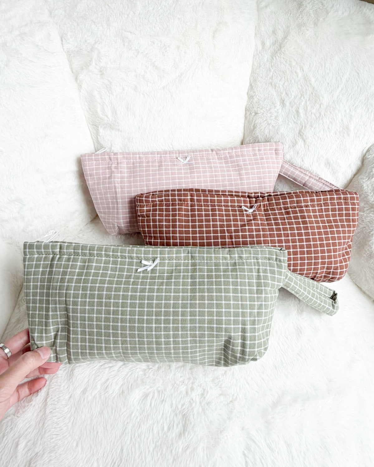 Large Quilted Gingham Pouch with Wrist Strap - The Bean Workshop - accessories, cute bag, gift, makeup bag, organizer, pencil case, pouch, quilted, travel pouch, wristlet