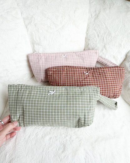Large Quilted Gingham Pouch with Wrist Strap - The Bean Workshop - accessories, cute bag, gift, makeup bag, organizer, pencil case, pouch, quilted, travel pouch, wristlet