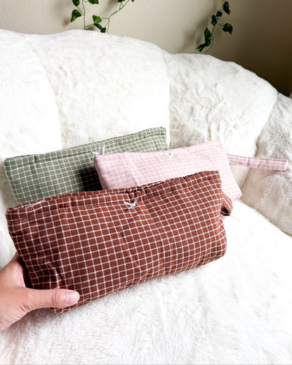 Large Quilted Gingham Pouch with Wrist Strap - The Bean Workshop - accessories, cute bag, gift, makeup bag, organizer, pencil case, pouch, quilted, travel pouch, wristlet