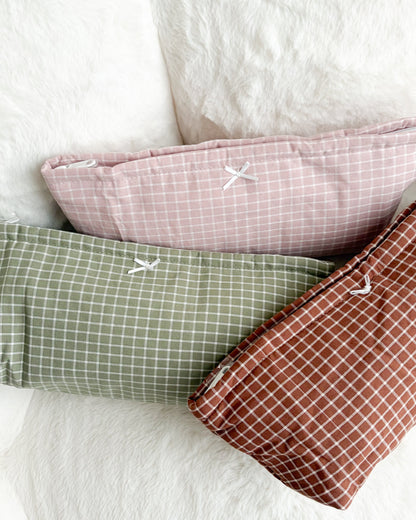 Large Quilted Gingham Pouch with Wrist Strap - The Bean Workshop - accessories, cute bag, gift, makeup bag, organizer, pencil case, pouch, quilted, travel pouch, wristlet