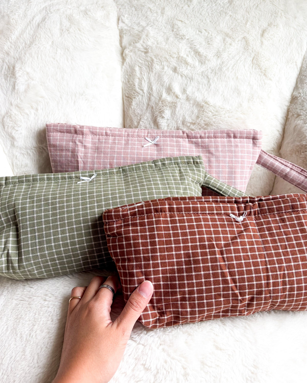 Large Quilted Gingham Pouch with Wrist Strap - The Bean Workshop - accessories, cute bag, gift, makeup bag, organizer, pencil case, pouch, quilted, travel pouch, wristlet