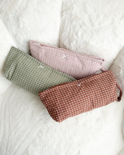Large Quilted Gingham Pouch with Wrist Strap - The Bean Workshop - accessories, cute bag, gift, makeup bag, organizer, pencil case, pouch, quilted, travel pouch, wristlet