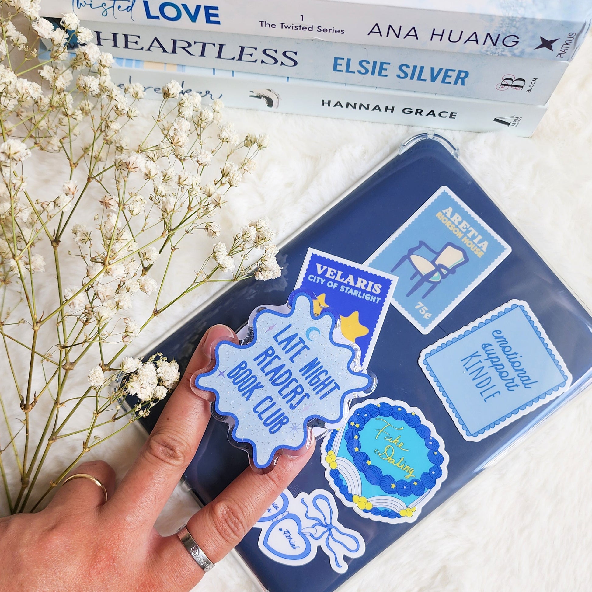 Late Night Readers Book Club Glitter Magnetic Kindle Grip or Phone Holder - The Bean Workshop - Bookish Accessories, kindle grip, reading accessories