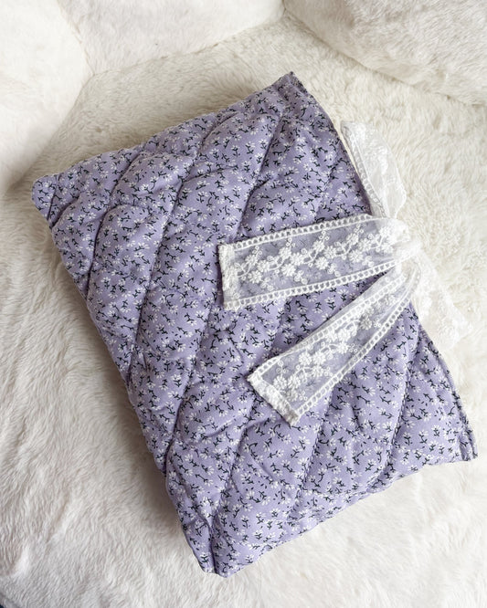 Lavender Quilted Book Sleeve with Lace Ribbon | Bible, Hardcover & Laptop Sleeve - The Bean Workshop - Bible cover, Bible sleeve, book girlie, book sleeve, bookish, bookish gifts, Christian gifts, church bag, coquette, cottagecore, dreamy, floral, floral book sleeve, flower, gift for book lovers, gift for women, girl summer, lace, lavender, lavender book sleeve, purple, quilted, reading accessories, soft girl, study Bible cover, study Bible sleeve