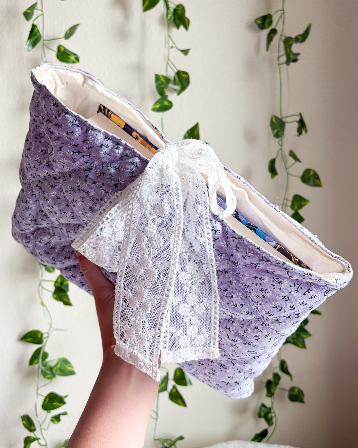 Lavender Quilted Book Sleeve with Lace Ribbon | Bible, Hardcover & Laptop Sleeve - The Bean Workshop - Bible cover, Bible sleeve, book girlie, book sleeve, bookish, bookish gifts, Christian gifts, church bag, coquette, cottagecore, dreamy, floral, floral book sleeve, flower, gift for book lovers, gift for women, girl summer, lace, lavender, lavender book sleeve, purple, quilted, reading accessories, soft girl, study Bible cover, study Bible sleeve