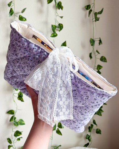 Lavender Quilted Book Sleeve with Lace Ribbon | Bible, Hardcover & Laptop Sleeve - The Bean Workshop - Bible cover, Bible sleeve, book girlie, book sleeve, bookish, bookish gifts, Christian gifts, church bag, coquette, cottagecore, dreamy, floral, floral book sleeve, flower, gift for book lovers, gift for women, girl summer, lace, lavender, lavender book sleeve, purple, quilted, reading accessories, soft girl, study Bible cover, study Bible sleeve