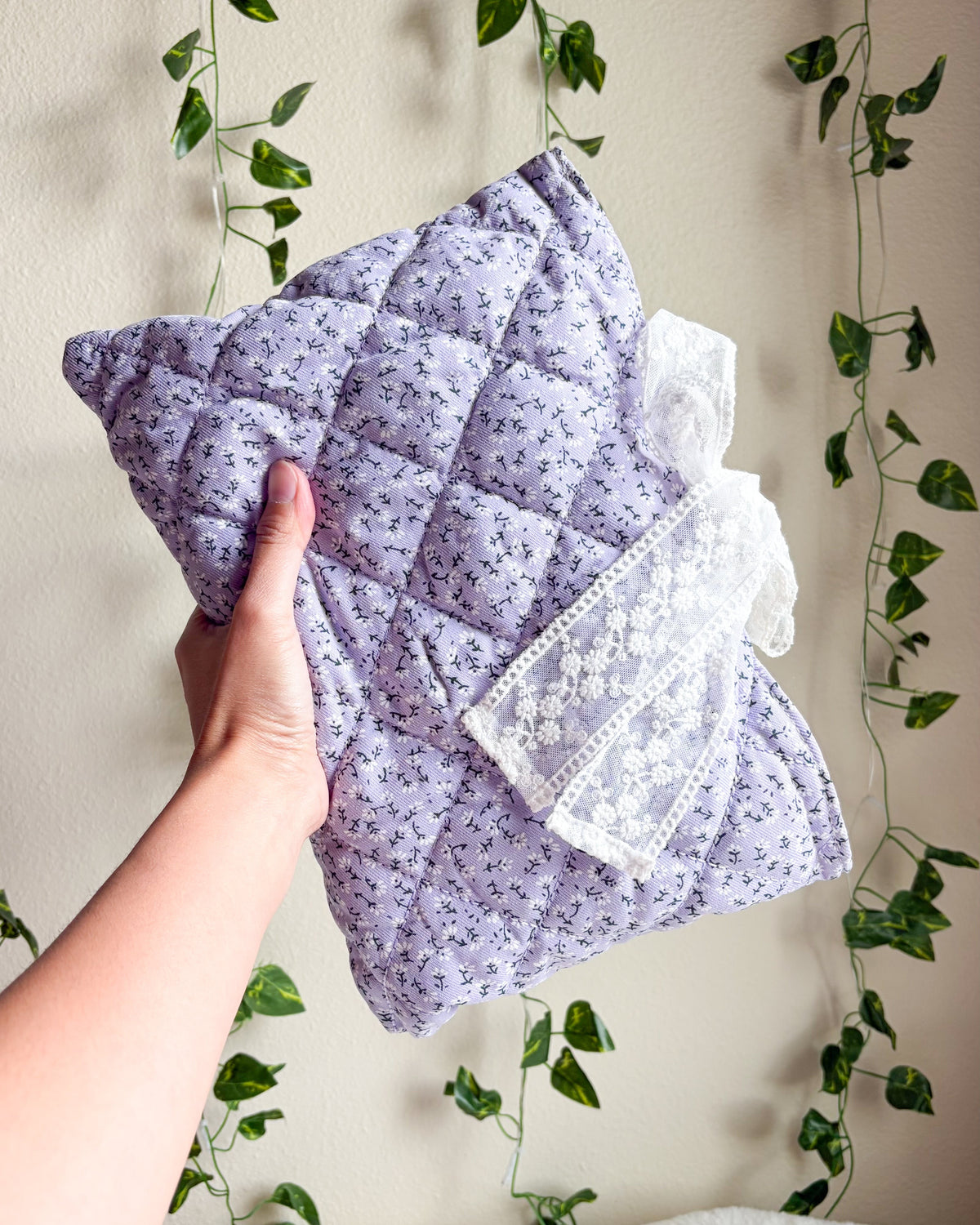 Lavender Quilted Book Sleeve with Lace Ribbon | Bible, Hardcover & Laptop Sleeve - The Bean Workshop - Bible cover, Bible sleeve, book girlie, book sleeve, bookish, bookish gifts, Christian gifts, church bag, coquette, cottagecore, dreamy, floral, floral book sleeve, flower, gift for book lovers, gift for women, girl summer, lace, lavender, lavender book sleeve, purple, quilted, reading accessories, soft girl, study Bible cover, study Bible sleeve