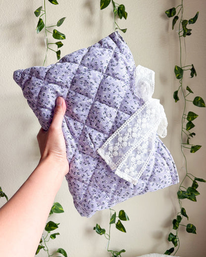 Lavender Quilted Book Sleeve with Lace Ribbon | Bible, Hardcover & Laptop Sleeve - The Bean Workshop - Bible cover, Bible sleeve, book girlie, book sleeve, bookish, bookish gifts, Christian gifts, church bag, coquette, cottagecore, dreamy, floral, floral book sleeve, flower, gift for book lovers, gift for women, girl summer, lace, lavender, lavender book sleeve, purple, quilted, reading accessories, soft girl, study Bible cover, study Bible sleeve