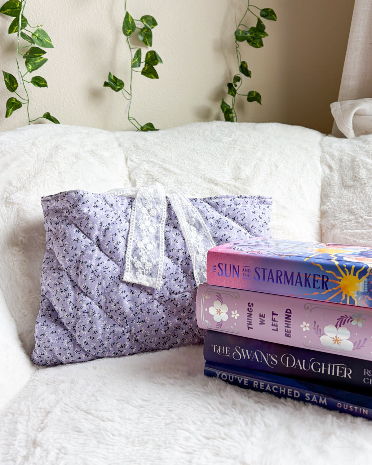 Lavender Quilted Book Sleeve with Lace Ribbon | Bible, Hardcover & Laptop Sleeve - The Bean Workshop - Bible cover, Bible sleeve, book girlie, book sleeve, bookish, bookish gifts, Christian gifts, church bag, coquette, cottagecore, dreamy, floral, floral book sleeve, flower, gift for book lovers, gift for women, girl summer, lace, lavender, lavender book sleeve, purple, quilted, reading accessories, soft girl, study Bible cover, study Bible sleeve