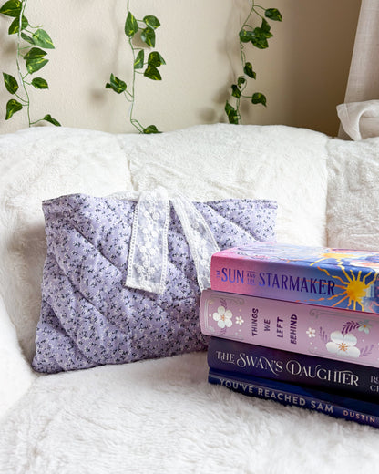 Lavender Quilted Book Sleeve with Lace Ribbon | Bible, Hardcover & Laptop Sleeve - The Bean Workshop - Bible cover, Bible sleeve, book girlie, book sleeve, bookish, bookish gifts, Christian gifts, church bag, coquette, cottagecore, dreamy, floral, floral book sleeve, flower, gift for book lovers, gift for women, girl summer, lace, lavender, lavender book sleeve, purple, quilted, reading accessories, soft girl, study Bible cover, study Bible sleeve