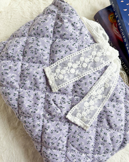 Lavender Quilted Book Sleeve with Lace Ribbon | Bible, Hardcover & Laptop Sleeve - The Bean Workshop - Bible cover, Bible sleeve, book girlie, book sleeve, bookish, bookish gifts, Christian gifts, church bag, coquette, cottagecore, dreamy, floral, floral book sleeve, flower, gift for book lovers, gift for women, girl summer, lace, lavender, lavender book sleeve, purple, quilted, reading accessories, soft girl, study Bible cover, study Bible sleeve