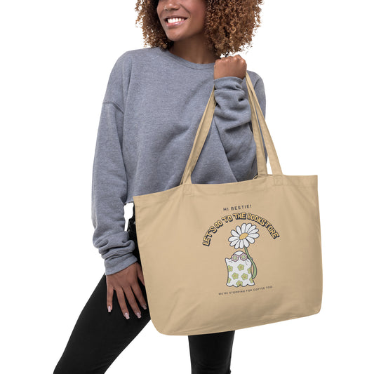 Let's Go to the Bookstore Large Organic Cotton Twill Tote Bag - The Bean Workshop - book lover tote, bookstore bag, bookworm bag, canvas tote, ghost tote, library tote, literary tote, reading bag, reusable shopping bag, spooky season accessory, TBR bag, too many books tote