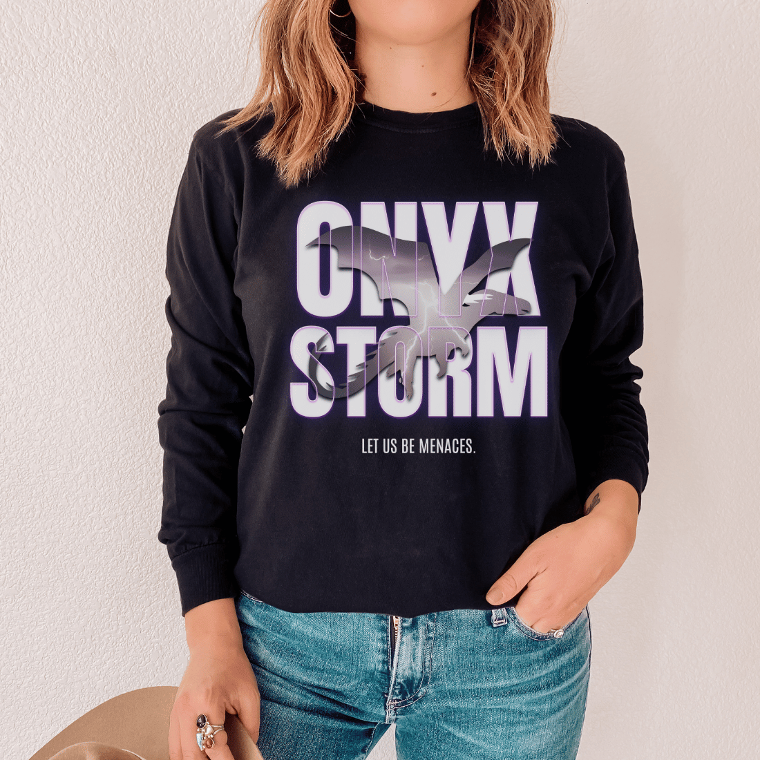 Let Us Be Menaces Onyx Storm Heavyweight Long Sleeve Shirt - The Bean Workshop - fourth wing, iron flame, long sleeve shirt, long sleeve tee, onyx storm, rebecca yarros, violet sorrengail, xaden riorson