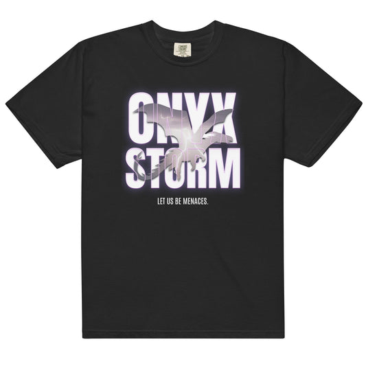 Let Us Be Menaces Onyx Storm Tee Shirt - The Bean Workshop - box tee, fourth wing, iron flame, onyx storm, rebecca yarros