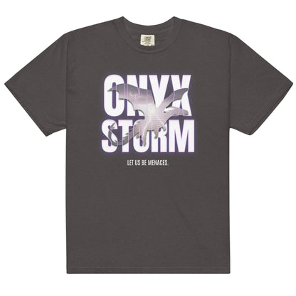 Let Us Be Menaces Onyx Storm Tee Shirt - The Bean Workshop - box tee, fourth wing, iron flame, onyx storm, rebecca yarros