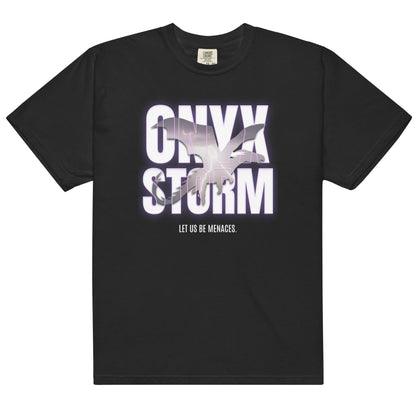 Let Us Be Menaces Onyx Storm Tee Shirt - The Bean Workshop - box tee, fourth wing, iron flame, onyx storm, rebecca yarros