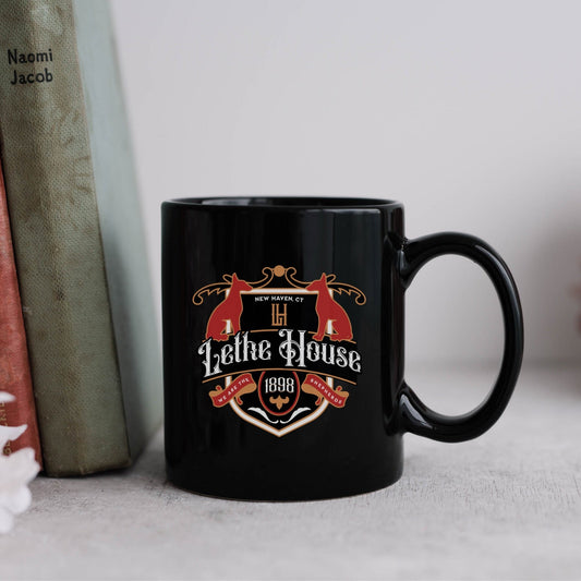 Lethe House Black Glossy Mug - The Bean Workshop - Alex Stern, Book Lover Gift, Bookworm Gift, Collegiate Design, Dark academia gift for readers, Fantasy Book Mug, Leigh Bardugo bookish merch, Lethe House coffee cup, Literary Crest Mug, New Haven, Ninth House mug, We are the Shepherds, Yale secret society