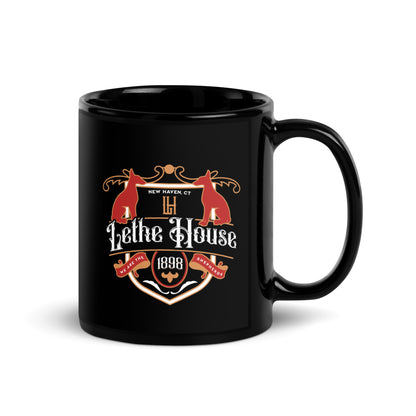 Lethe House Black Glossy Mug - The Bean Workshop - Alex Stern, Book Lover Gift, Bookworm Gift, Collegiate Design, Dark academia gift for readers, Fantasy Book Mug, Leigh Bardugo bookish merch, Lethe House coffee cup, Literary Crest Mug, New Haven, Ninth House mug, We are the Shepherds, Yale secret society