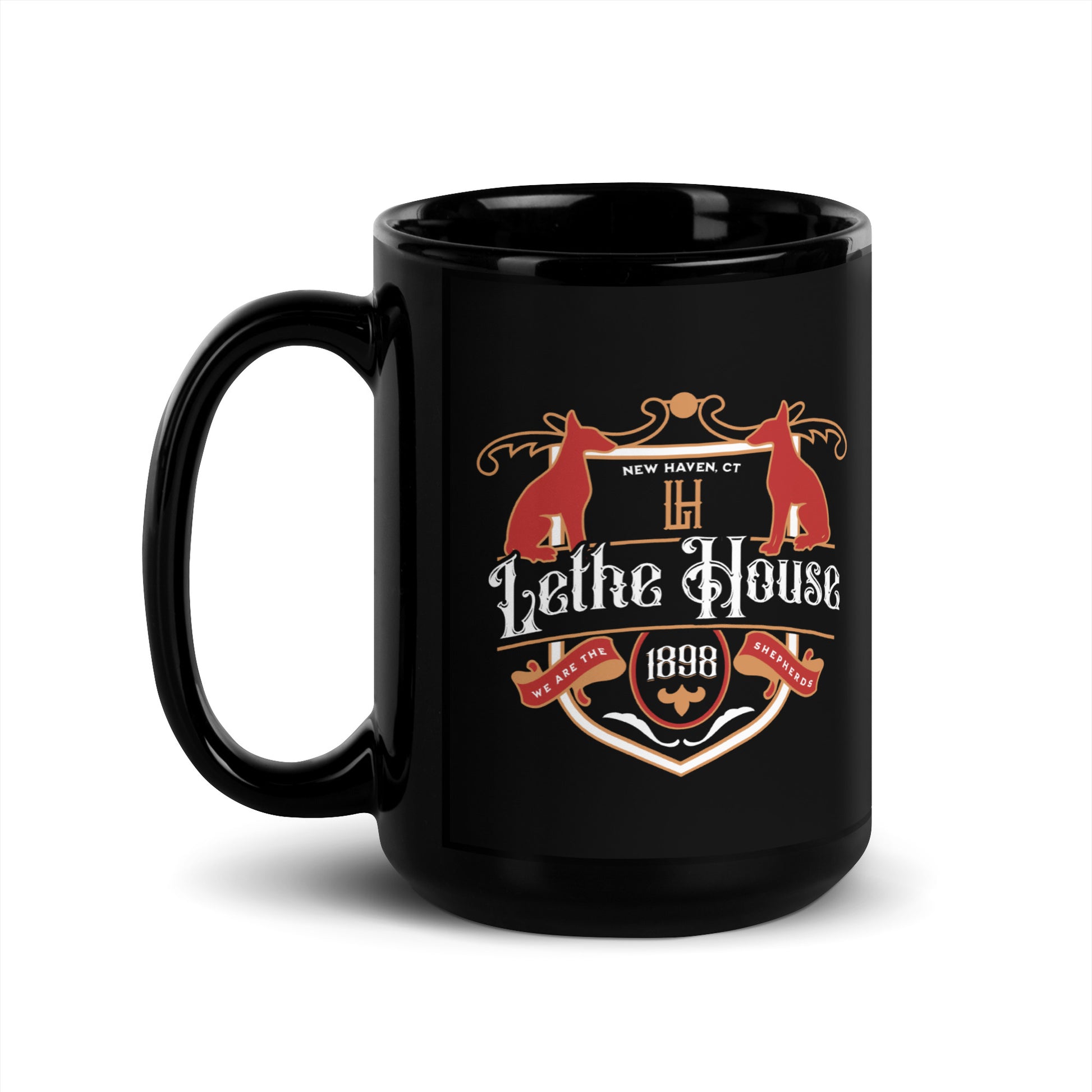 Lethe House Black Glossy Mug - The Bean Workshop - Alex Stern, Book Lover Gift, Bookworm Gift, Collegiate Design, Dark academia gift for readers, Fantasy Book Mug, Leigh Bardugo bookish merch, Lethe House coffee cup, Literary Crest Mug, New Haven, Ninth House mug, We are the Shepherds, Yale secret society