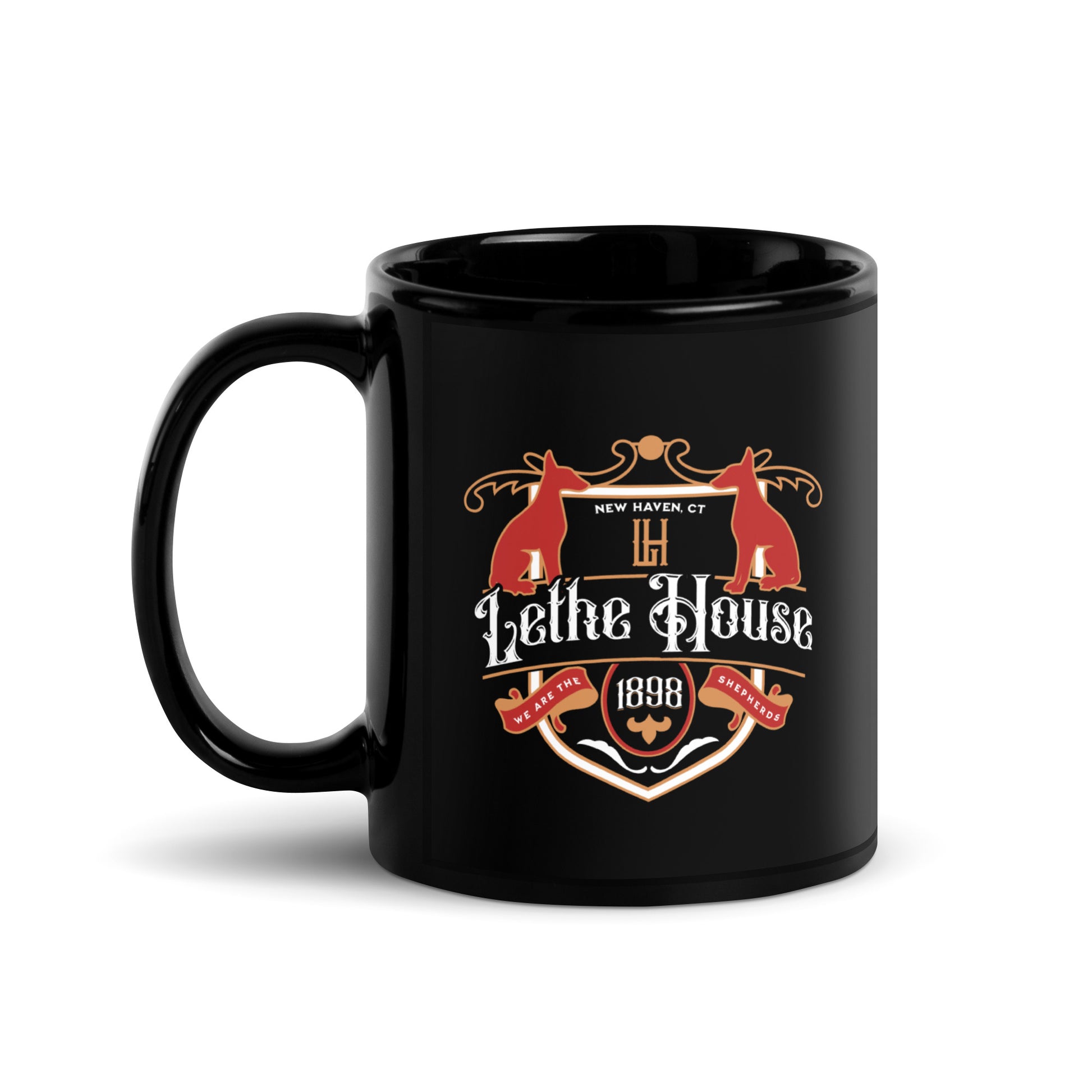 Lethe House Black Glossy Mug - The Bean Workshop - Alex Stern, Book Lover Gift, Bookworm Gift, Collegiate Design, Dark academia gift for readers, Fantasy Book Mug, Leigh Bardugo bookish merch, Lethe House coffee cup, Literary Crest Mug, New Haven, Ninth House mug, We are the Shepherds, Yale secret society