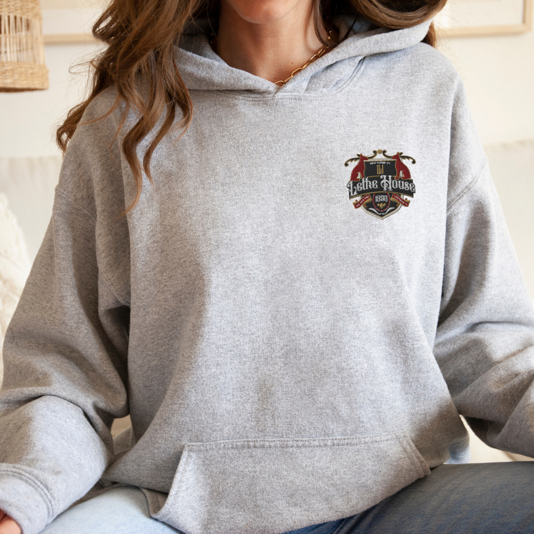 Lethe House Embroidered Hoodie - The Bean Workshop - Alex Stern, Book Lover Gift, Collegiate Crest, Dark academia style hoodie, Embroidered bookish hoodie, Gift for fantasy readers, Gothic Apparel, Leigh Bardugo hooded sweatshirt, Leigh Bardugo literary merch, Lethe House fan merchandise, Ninth House embroidered hoodie, Subtle Fan Merch, We are the Shepherds, Yale's Ancient Eight