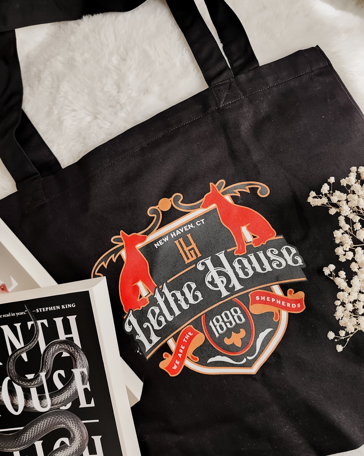 Lethe House Organic Cotton Twill Tote Bag - The Bean Workshop - Alex Stern, Book lover gift, Bookworm Accessory, Collegiate Crest Design, Dark academia accessory, Fantasy Reader, Leigh Bardugo literary merch, Lethe House book bag for readers, Library Bag, New Haven, Ninth House tote bag, We are the Shepherds, Yale secret society tote