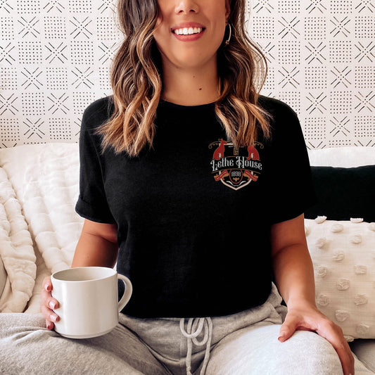 Lethe House T-Shirt - The Bean Workshop - Alex Stern, Book Lover Gift, Bookish Apparel, Collegiate Tee, Dark academia book merch, Fantasy Reader, Leigh Bardugo fan gift, Leigh Bardugo literary merch, Lethe House shirt for readers, New Haven CT, Ninth House T-shirt, Vintage Crest Design, We are the Shepherds, Yale Secret Society