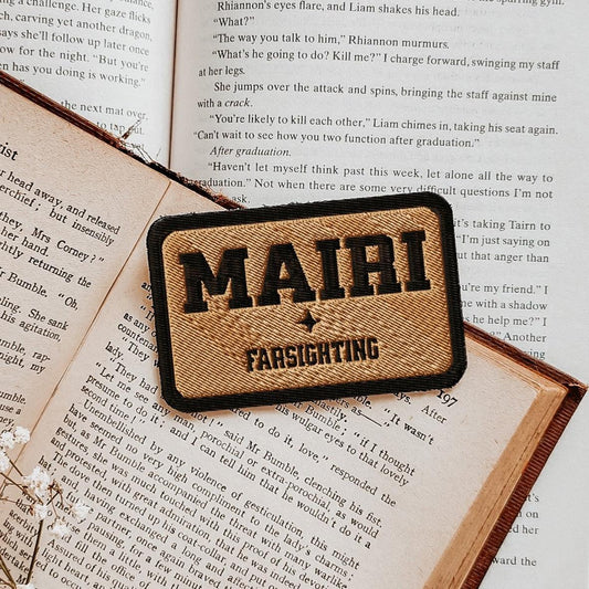 Liam Mairi Embroidered Name Tag - The Bean Workshop - Bookish Embroidered Patch, Booktok, Dragon Rider, embroidered, Empyrean Series, Fantasy Gift, fourth wing, Fourth Wing Merch, Mairi Farsighting Patch, patch, rebecca yarros, Riders Quadrant, Romantasy, Signet Merch